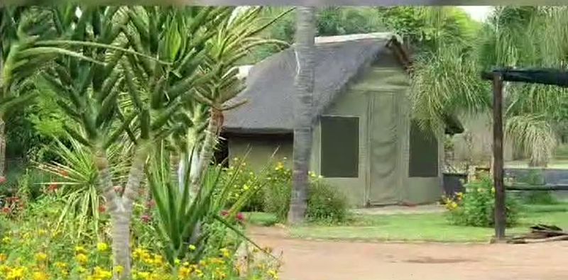 A thatched chalet with sage-green walls behind a flowering garden bed, a red sand path running across the front
